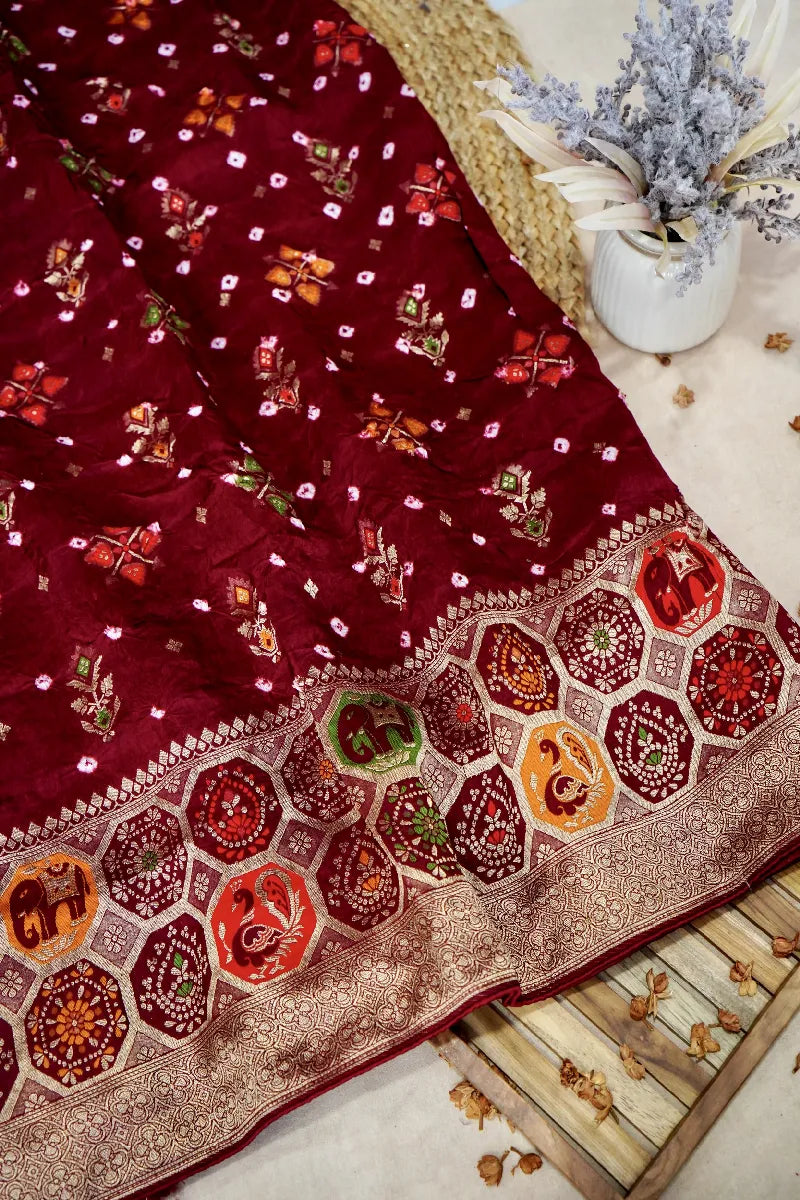 MAROON COLOR GAJJI SILK BANDHANI SAREE