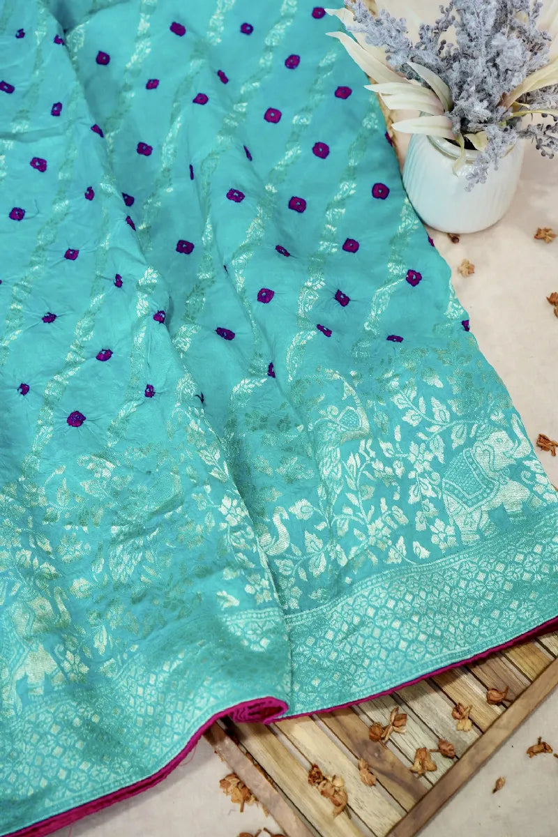 SEA GREEN COLOR GAJJI SILK BANDHANI SAREE