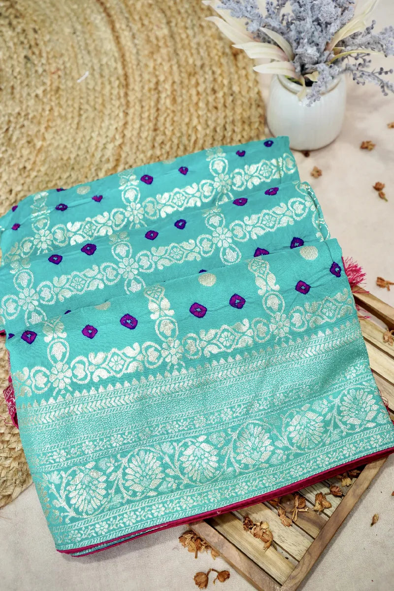 SEA GREEN COLOR GAJJI SILK BANDHANI SAREE