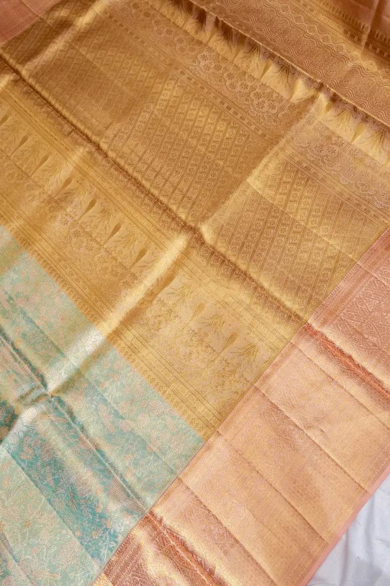 PURE HANDLOOM REAL ZARI SEA GREEN COLOR KANCHIPURAM SILK SAREE