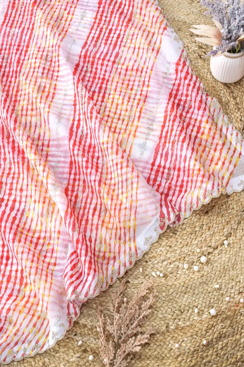CHERRY RED COLOR CHIFFON LEHERIYA PRINT SAREE