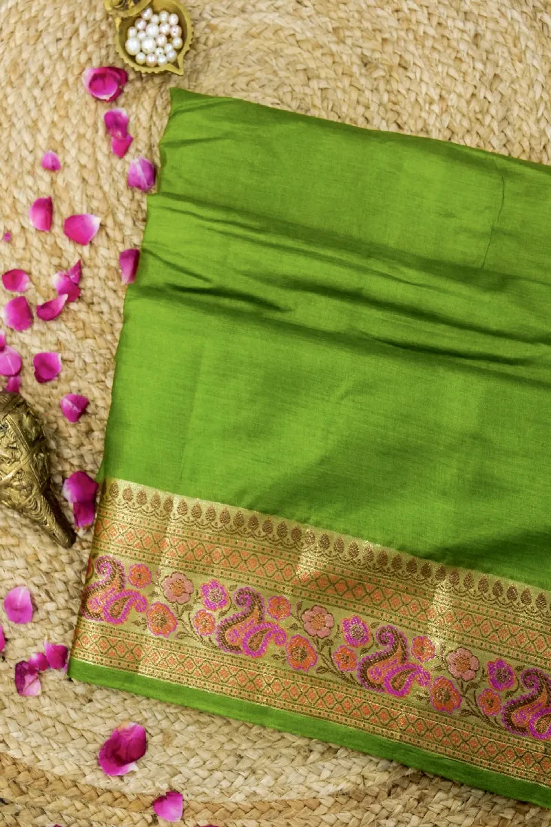 PISTA GREEN COLOR BANARASI TUSSAR SILK SAREE