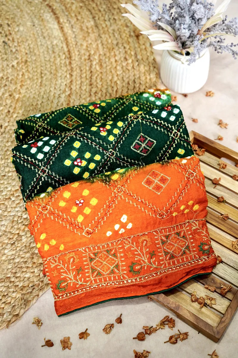 GREEN WITH ORANGE COLOR BANDHEJ SAREE