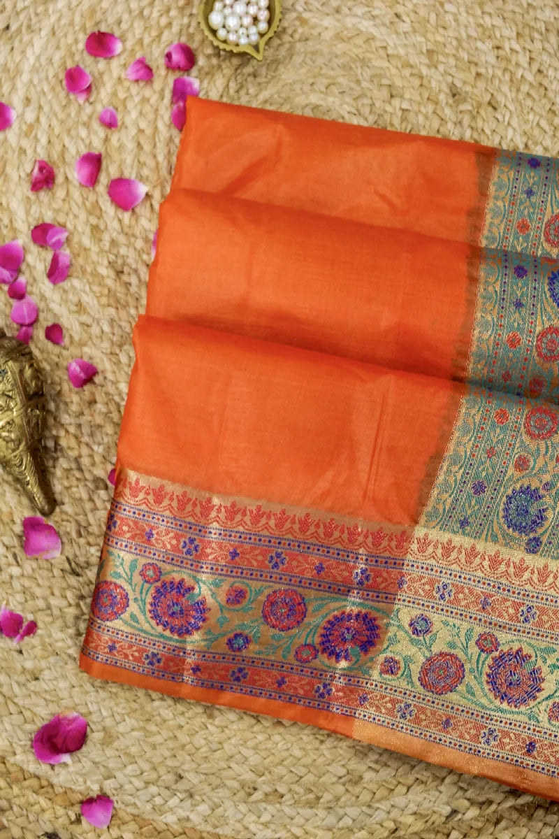 ORANGE COLOR BANARASI TUSSAR SILK SAREE