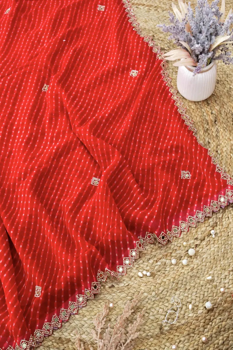 RED COLOR CHIFFON LEHERIYA PRINT SAREE