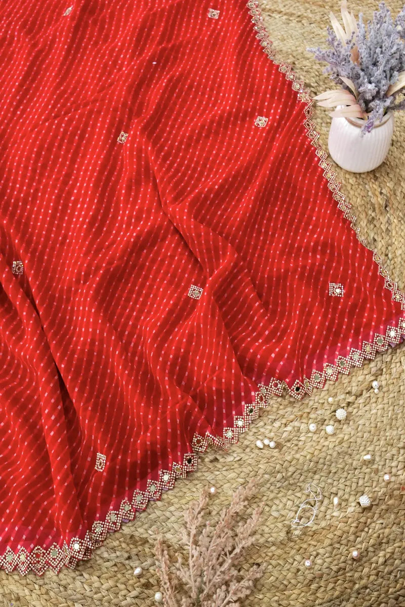 RED COLOR CHIFFON LEHERIYA PRINT SAREE