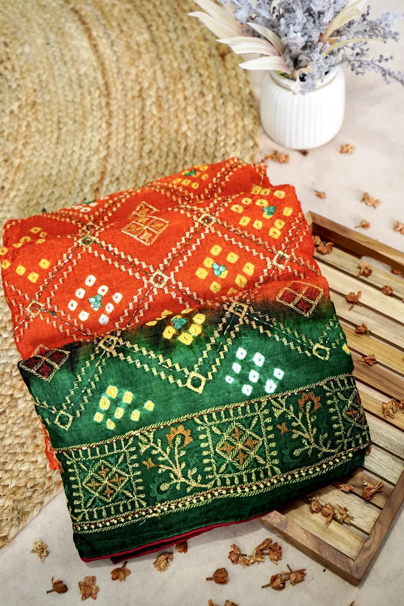 ORANGE WITH GREEN COLOR BANDHEJ SAREE