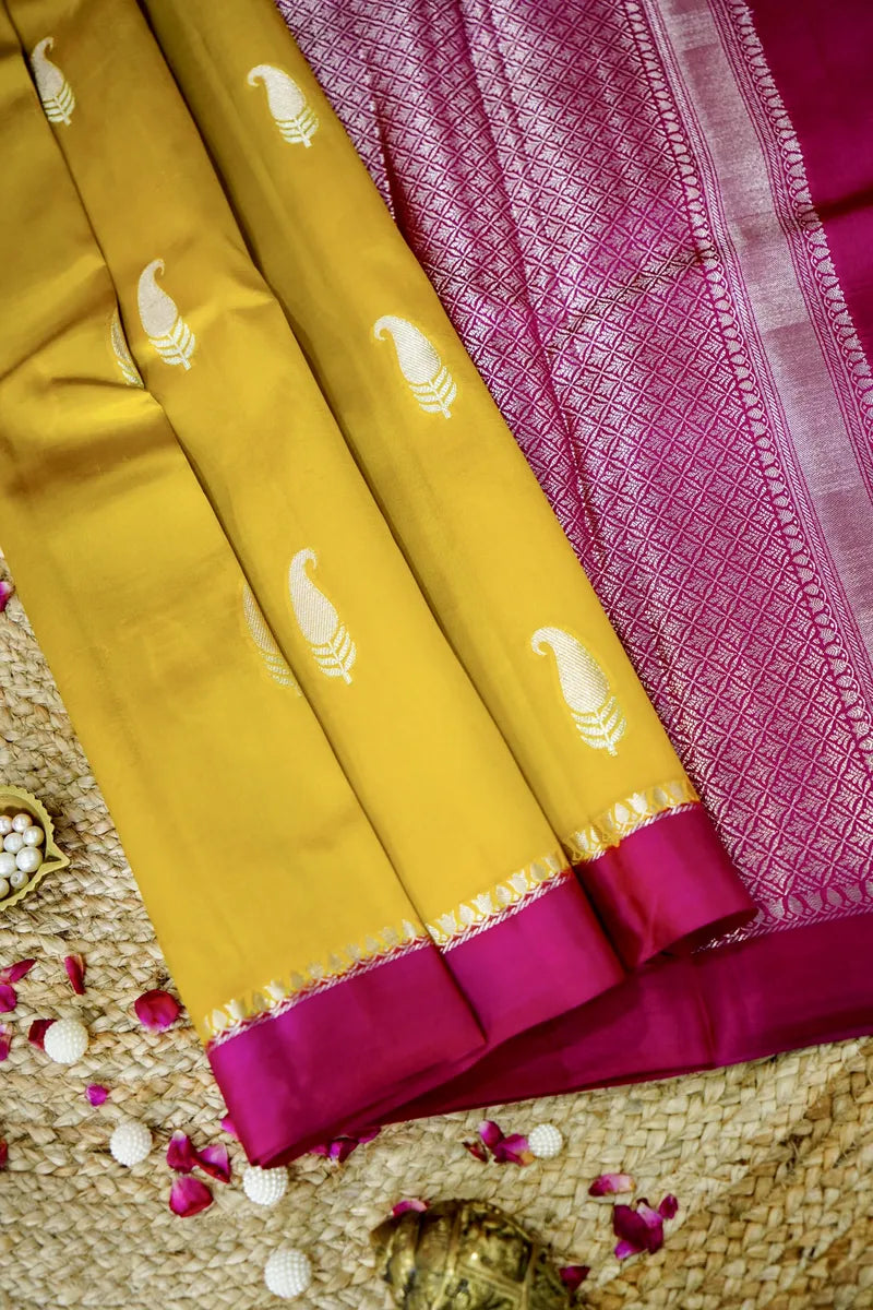YELLOW WITH PINK COLOR PURE MANGO SILK SAREE