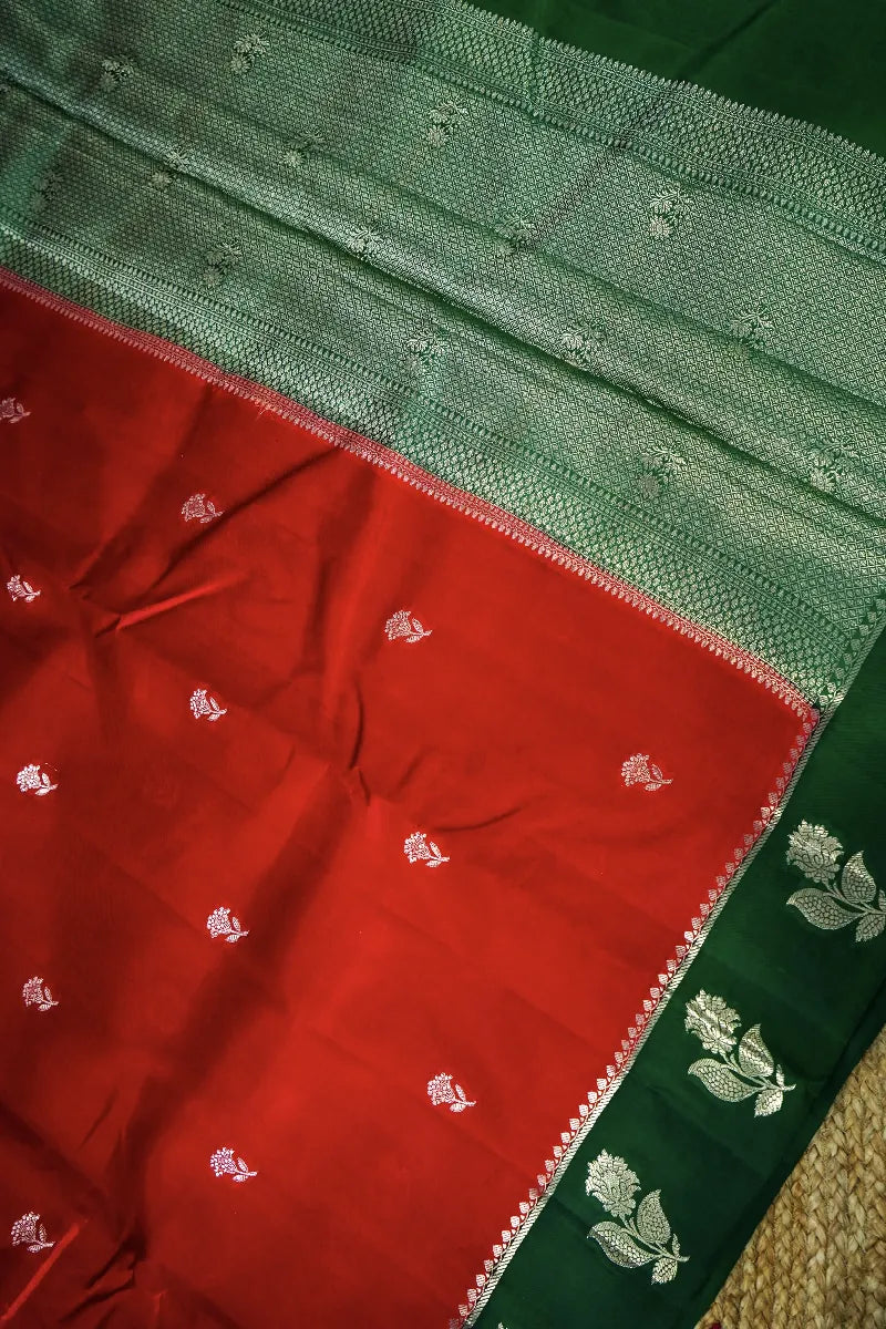 RED WITH GREEN COLOR PURE DUPIAN SILK SAREE