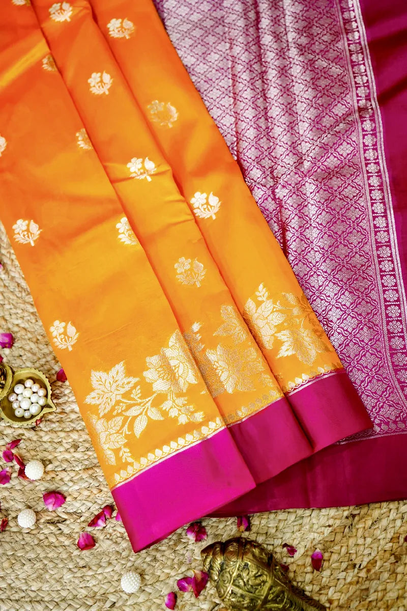 YELLOW WITH PINK COLOR PURE MANGO SILK SAREE