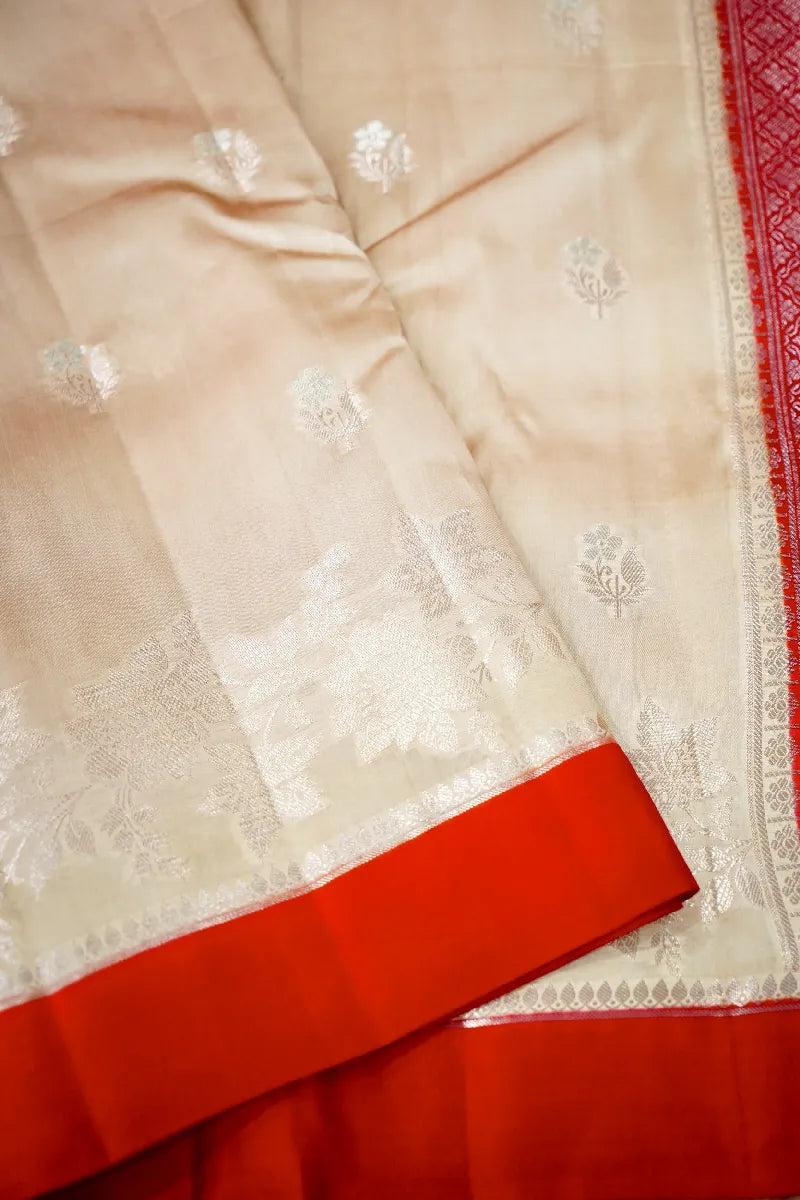 CREME WITH RED COLOR PURE MANGO SILK SAREE