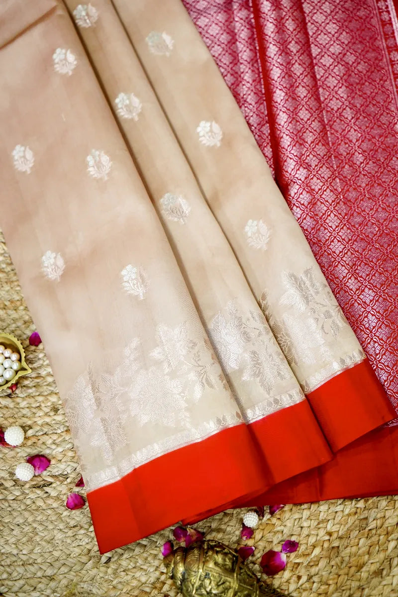 CREME WITH RED COLOR PURE MANGO SILK SAREE