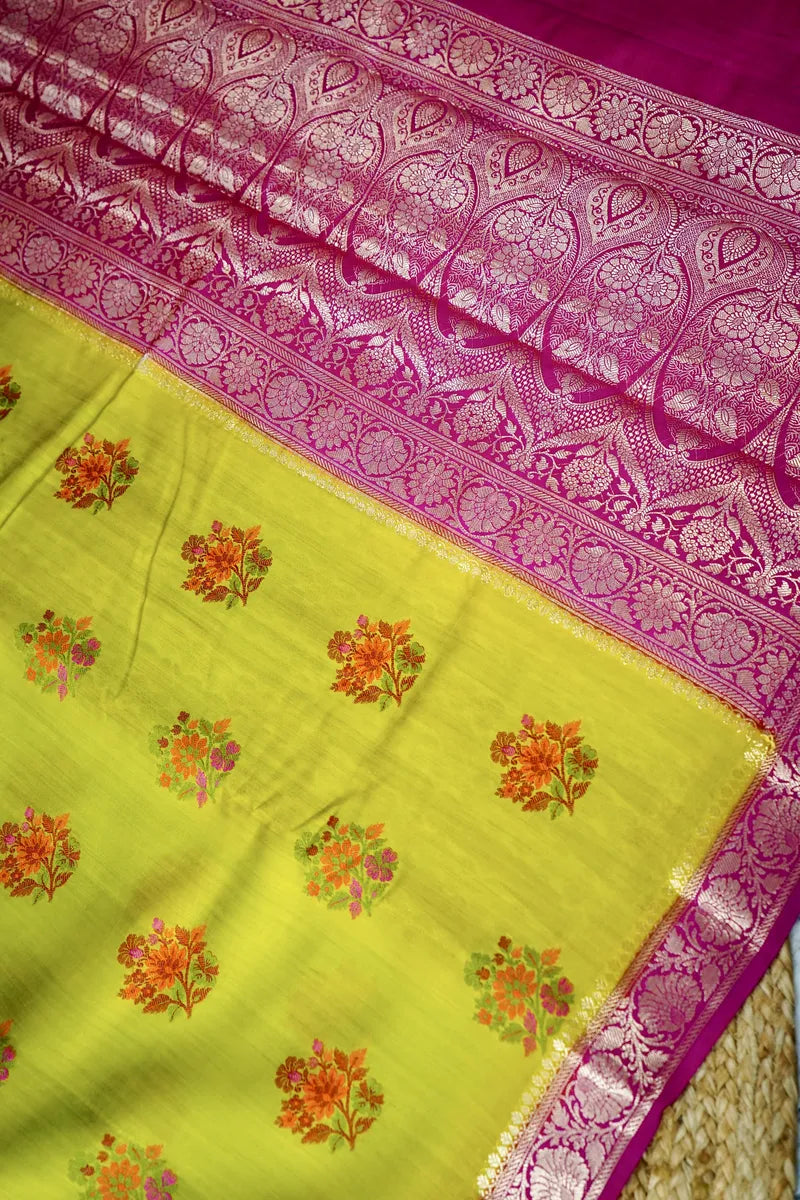 MEHENDI GREEN WITH PINK COLOR PURE CHINIYA SILK SAREE