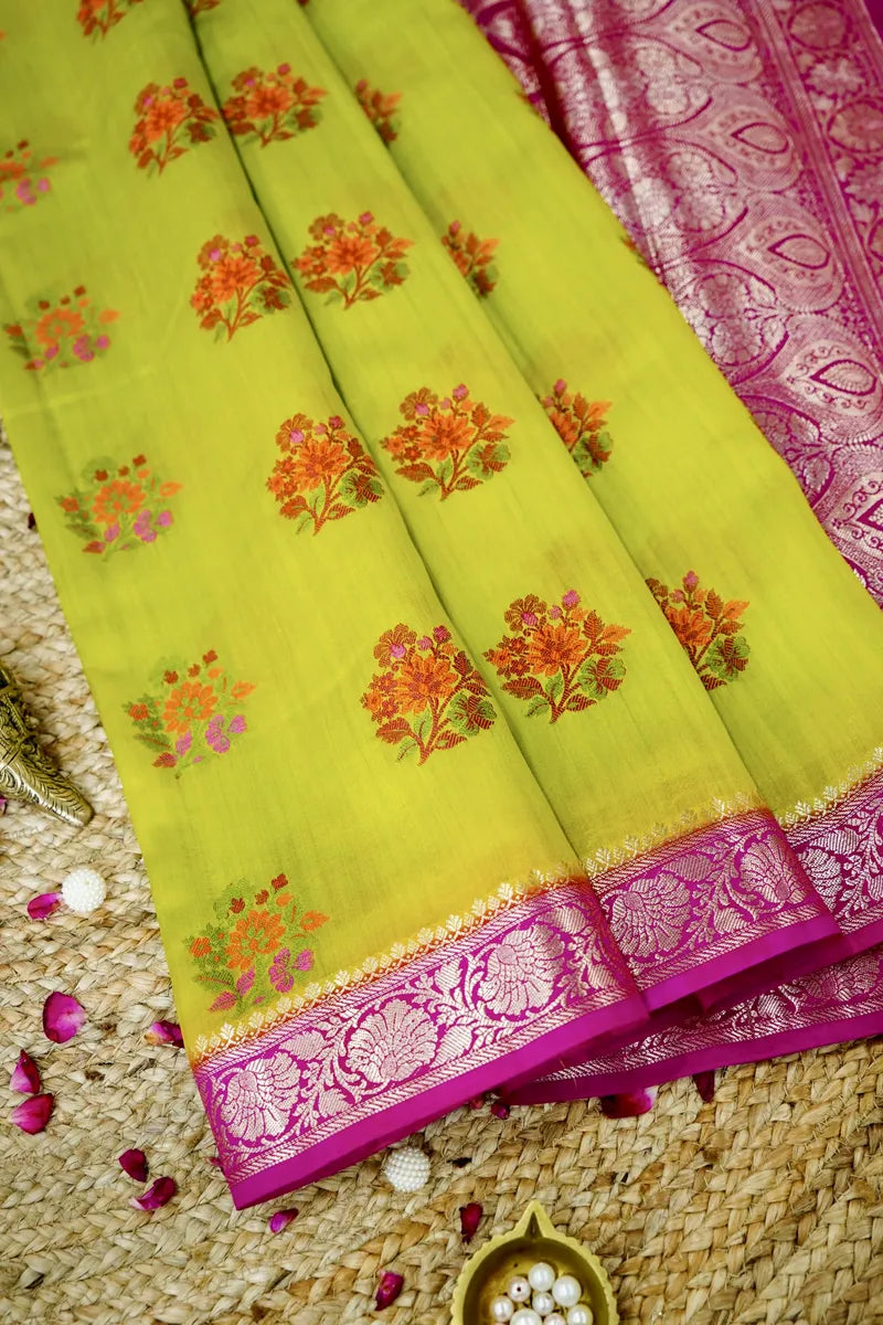 MEHENDI GREEN WITH PINK COLOR PURE CHINIYA SILK SAREE