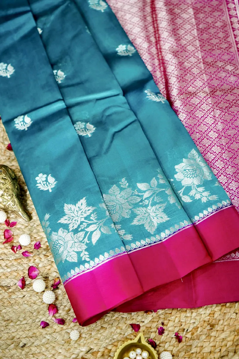 RAMA GREEN WITH PINK COLOR PURE MANGO SILK SAREE