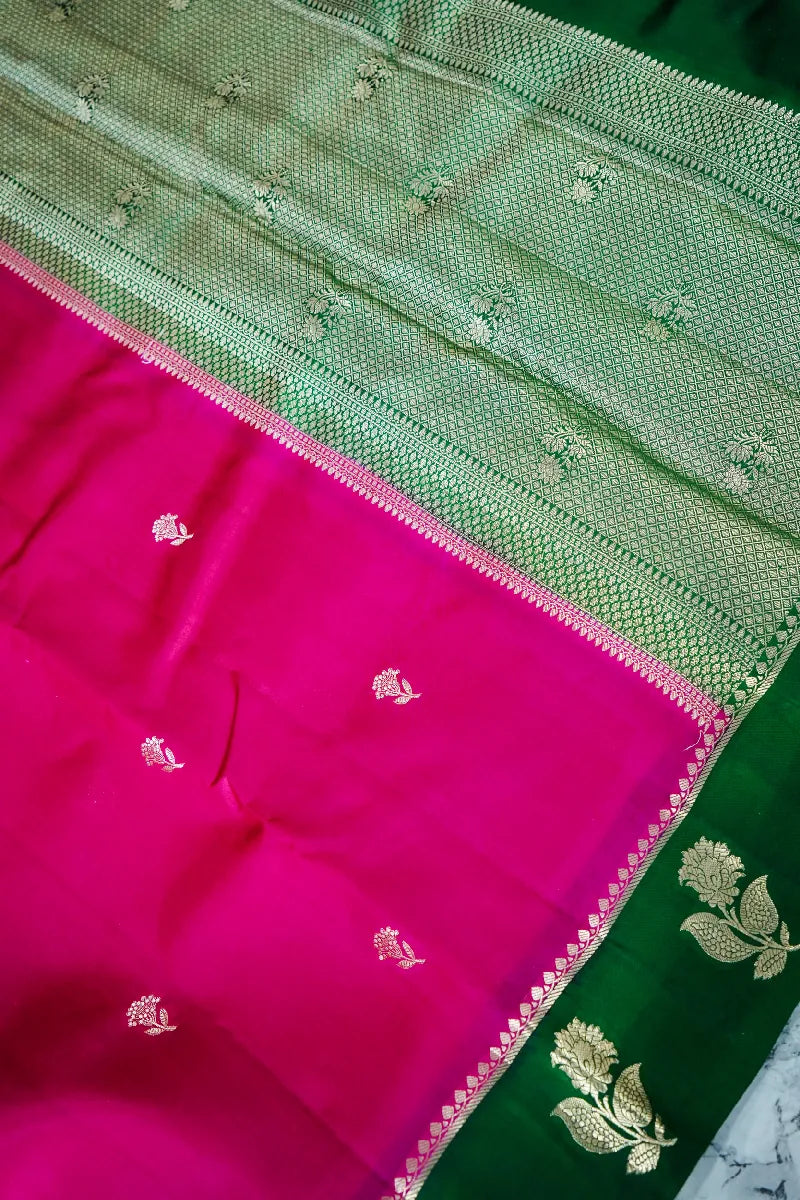 PINK WITH GREEN COLOR PURE DUPIAN SILK SAREE