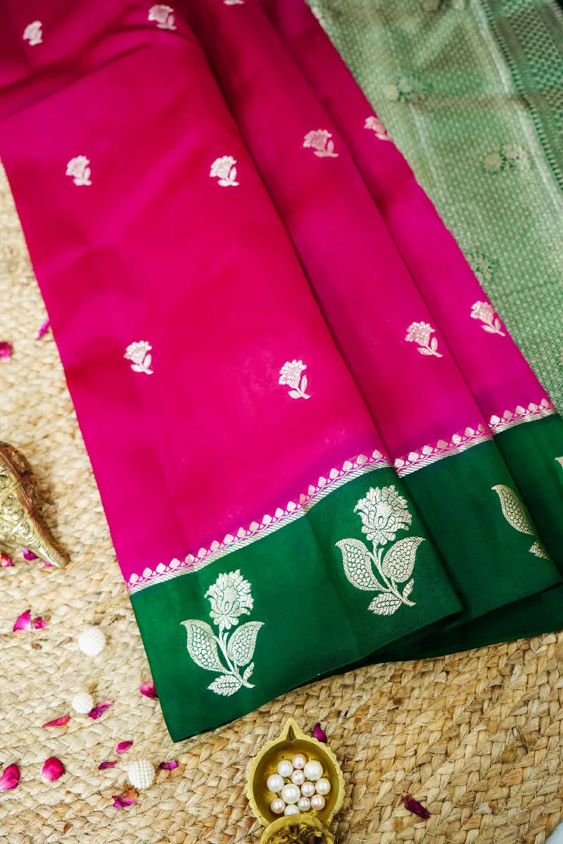 PINK WITH GREEN COLOR PURE DUPIAN SILK SAREE