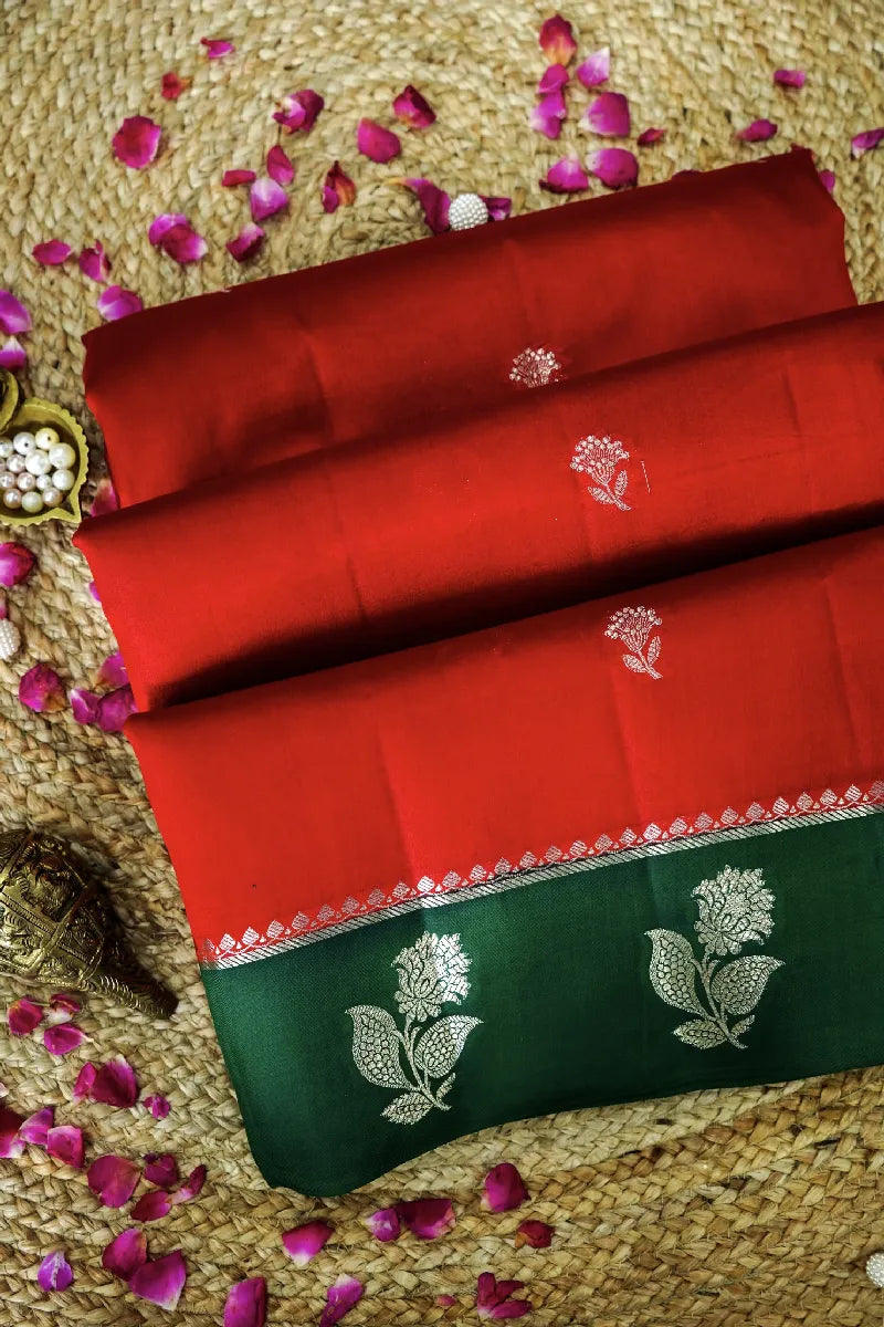 RED WITH GREEN COLOR PURE DUPIAN SILK SAREE