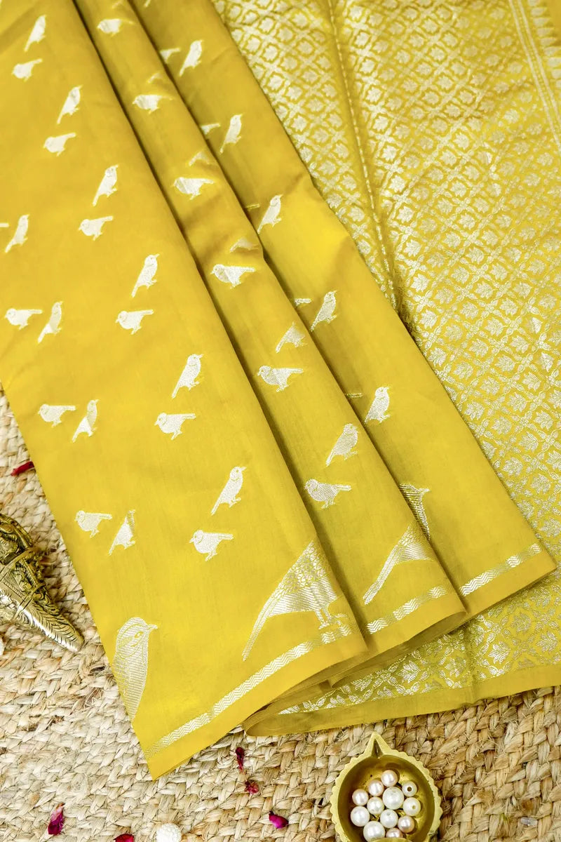 MUSTARD YELLOW COLOR PURE CHINIYA SILK SAREE