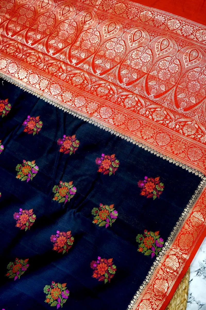 BLACK WITH RED COLOR PURE CHINIYA SILK SAREE