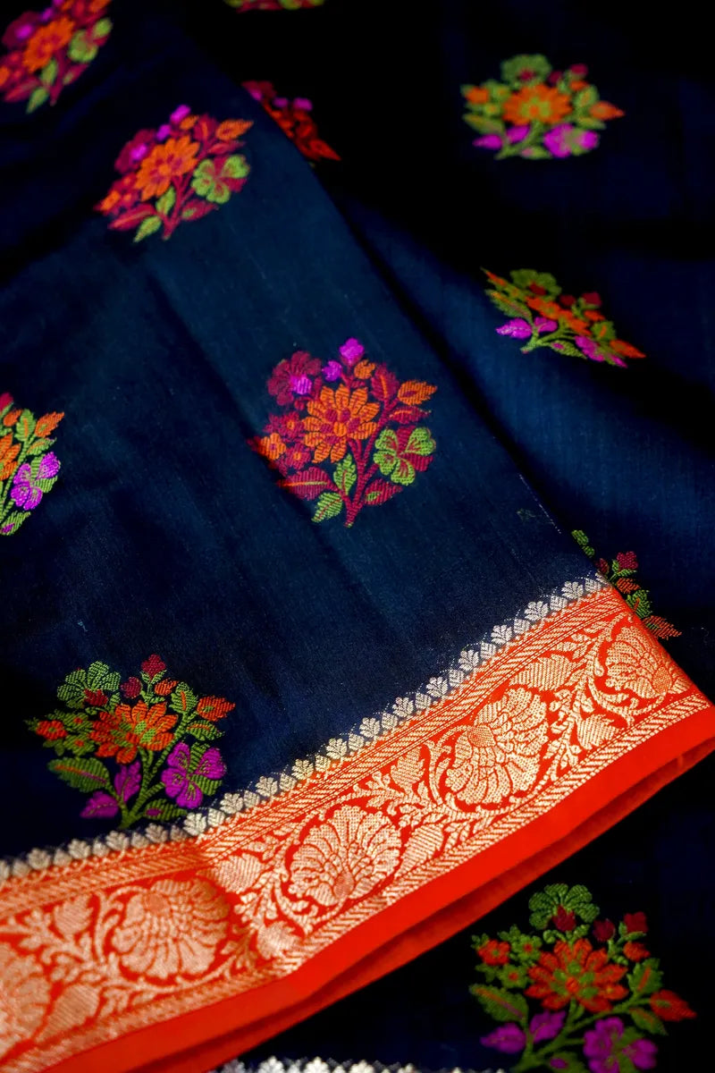 BLACK WITH RED COLOR PURE CHINIYA SILK SAREE