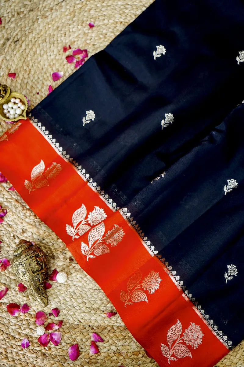 BLACK WITH RED COLOR PURE DUPIAN SILK SAREE