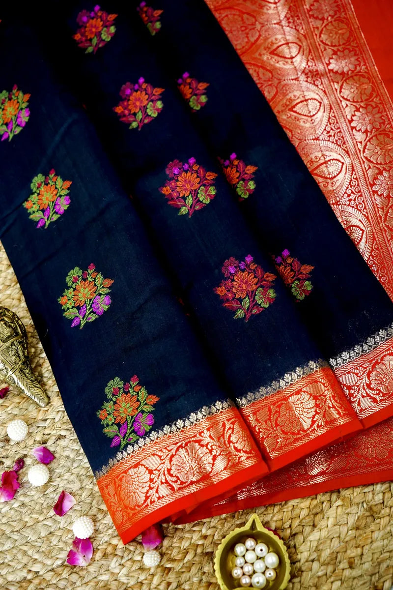 BLACK WITH RED COLOR PURE CHINIYA SILK SAREE