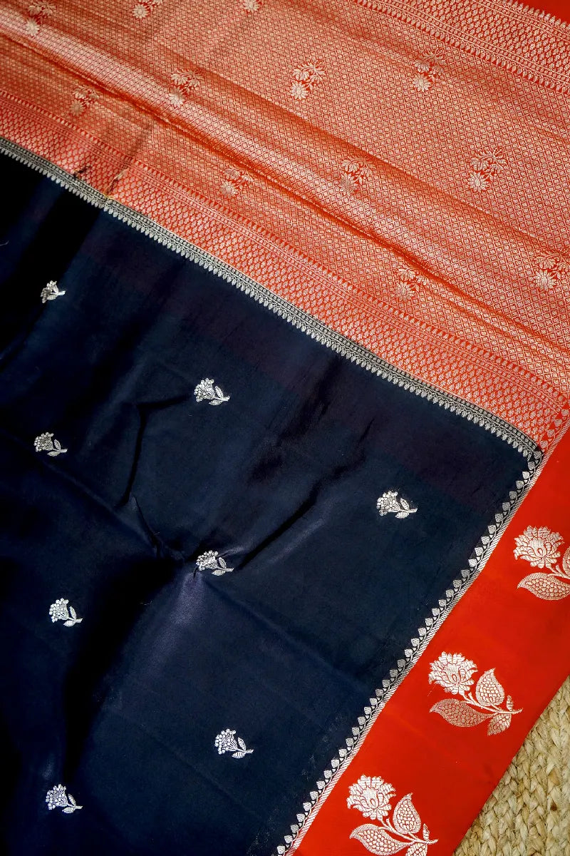 BLACK WITH RED COLOR PURE DUPIAN SILK SAREE