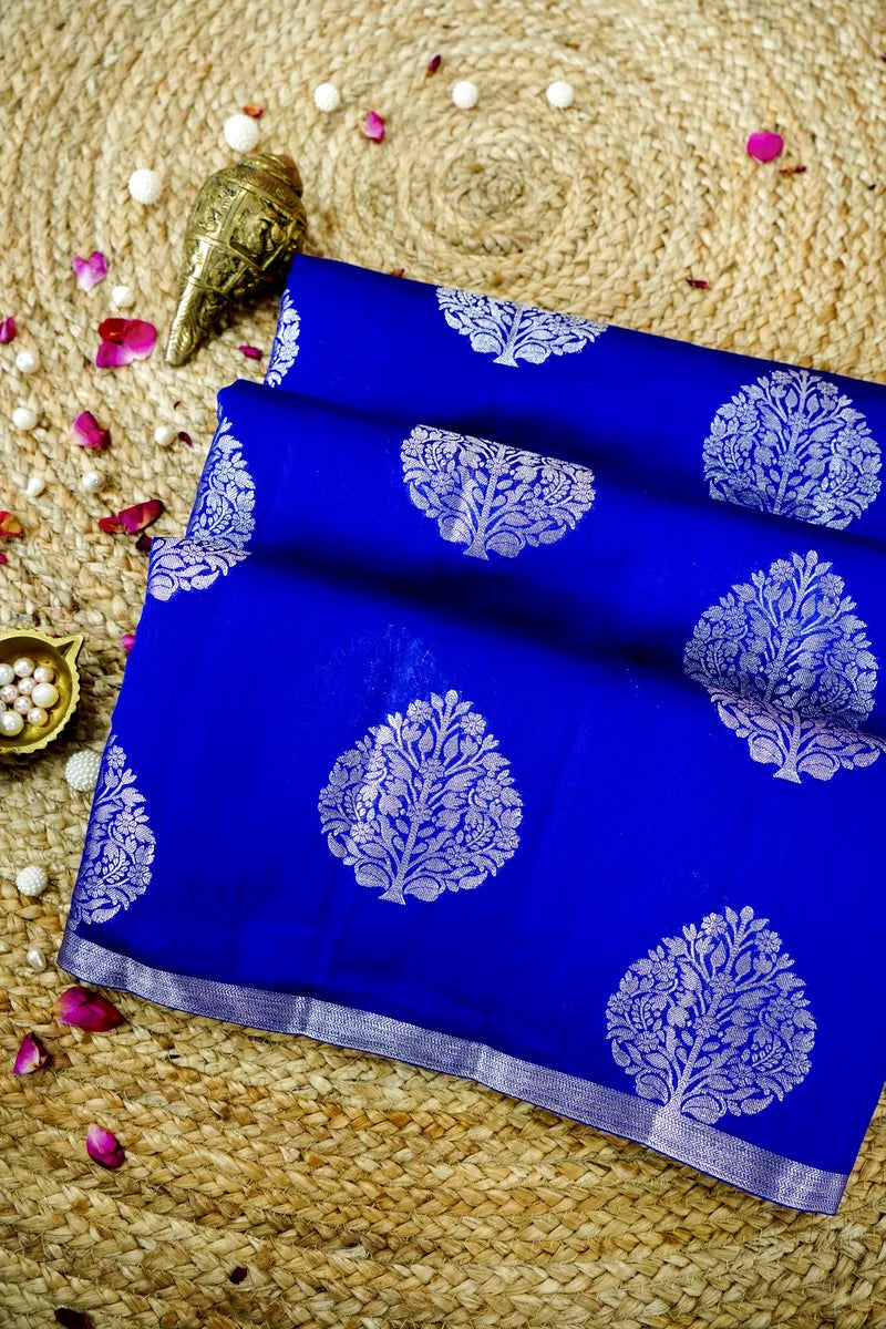 PERSIAN BLUE COLOR PURE CHINIYA SILK SAREE