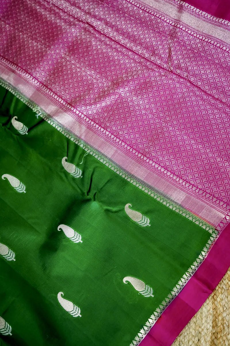 MEHENDI GREEN WITH PINK COLOR PURE MANGO SILK SAREE