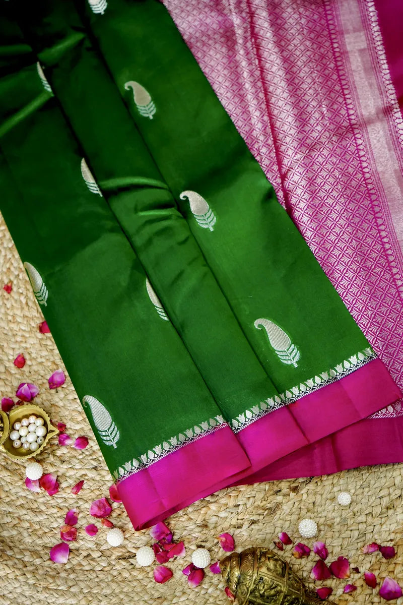 MEHENDI GREEN WITH PINK COLOR PURE MANGO SILK SAREE