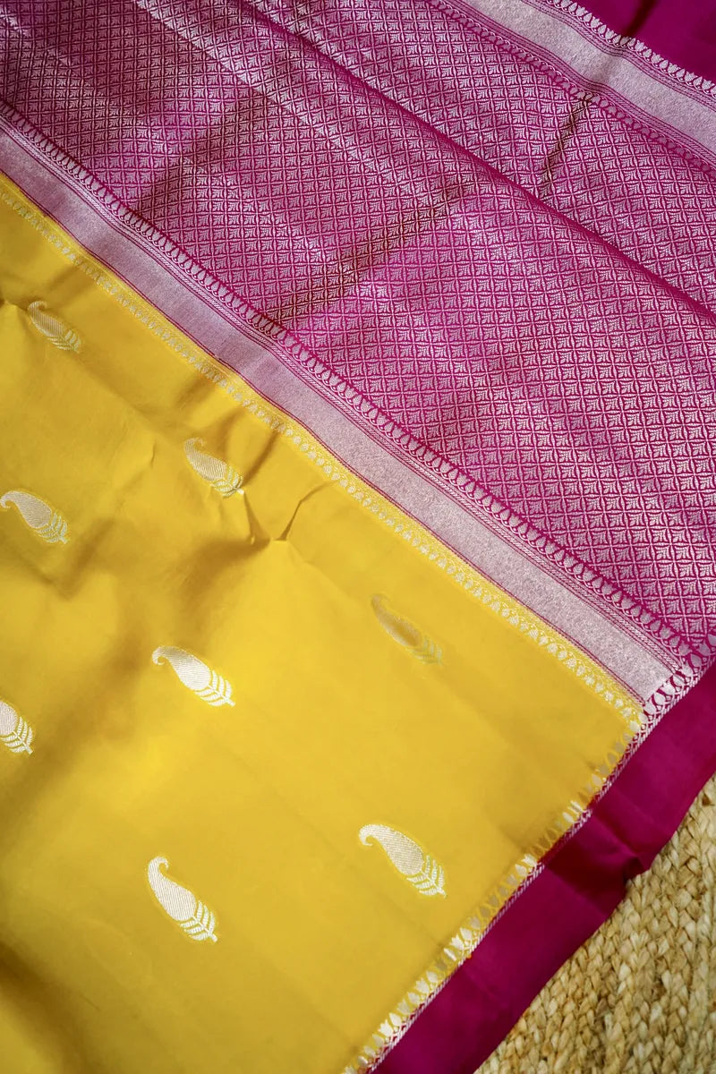 YELLOW WITH PINK COLOR PURE MANGO SILK SAREE