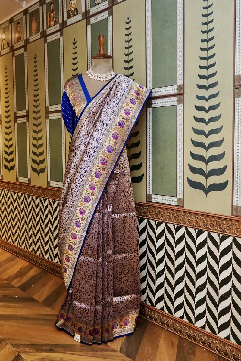 PURE BANARASI ROYAL BLUE SINGLE KATAN SILK SAREE
