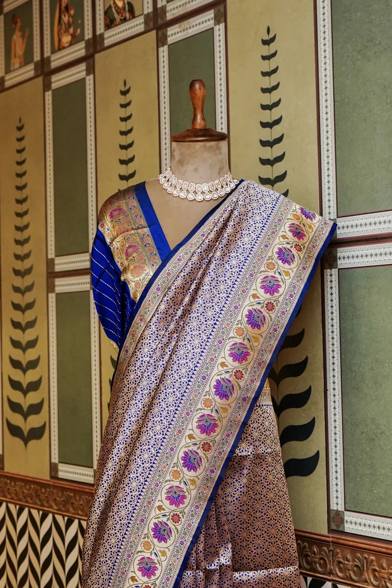 PURE BANARASI ROYAL BLUE SINGLE KATAN SILK SAREE