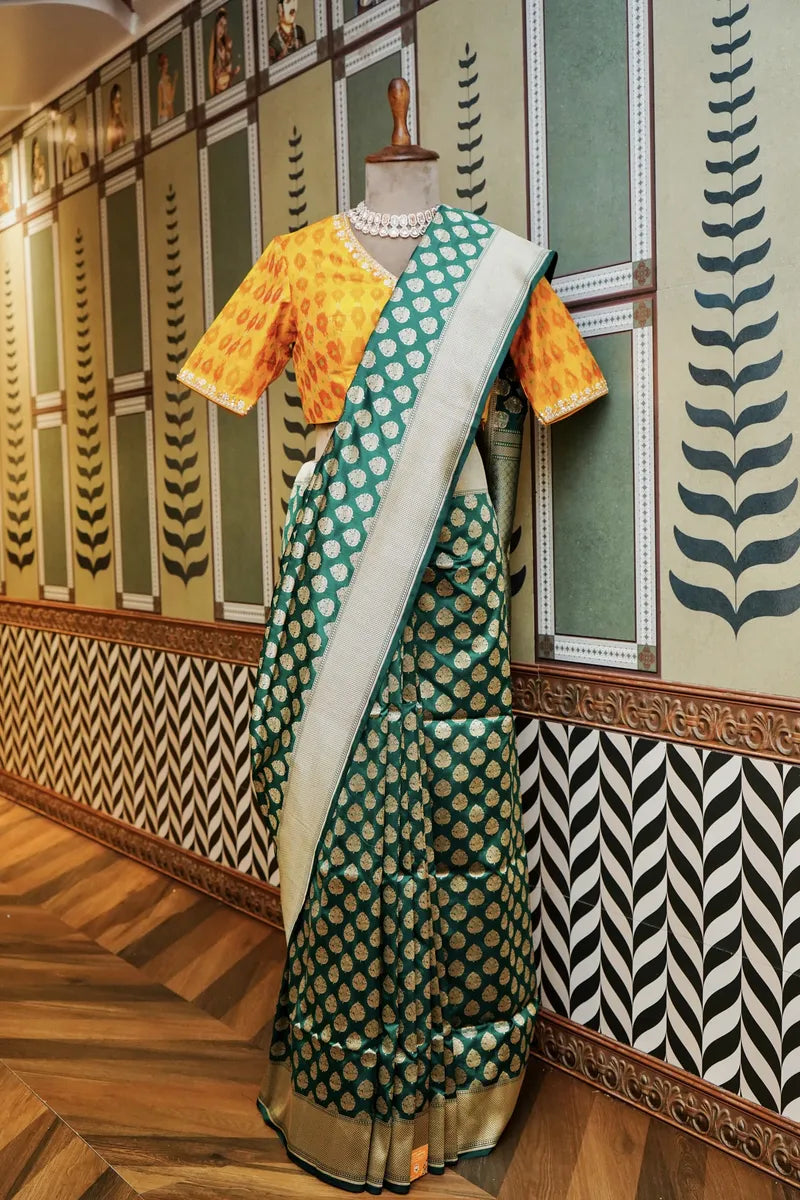 PURE BANARASI RAMA GREEN SINGLE KATAN SILK SAREE