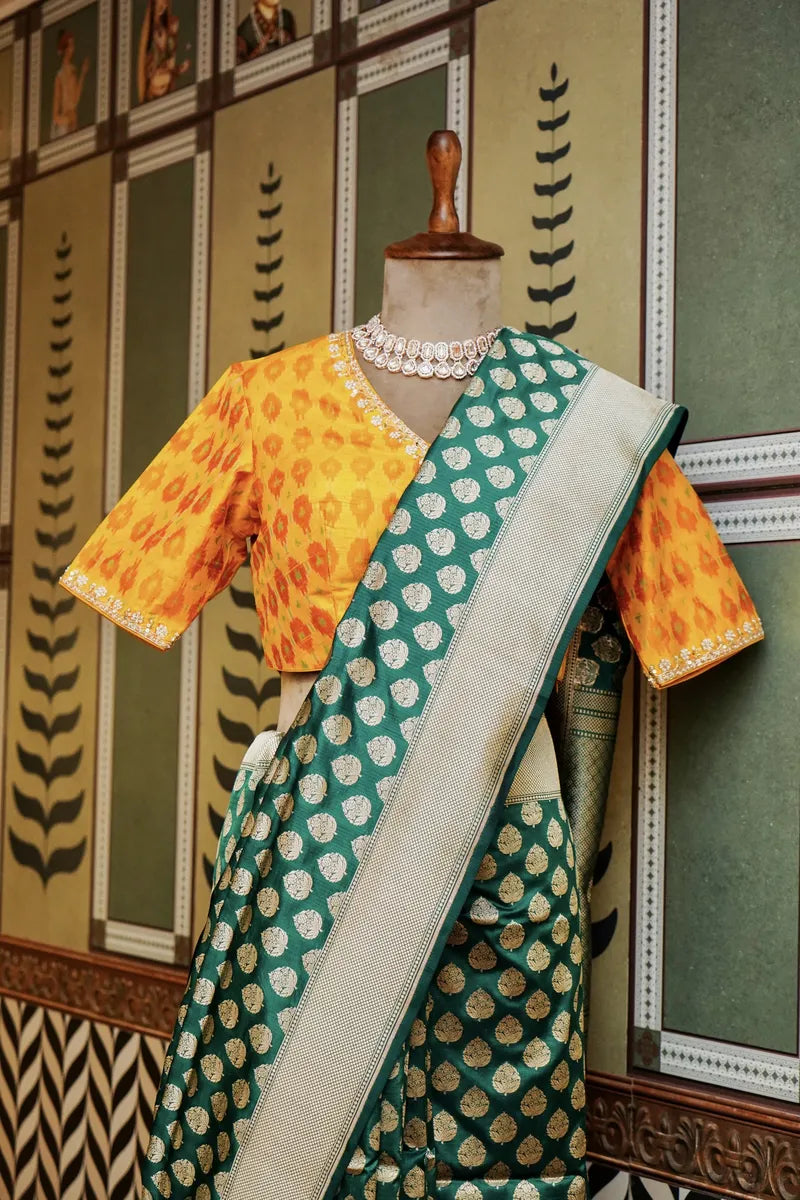 PURE BANARASI RAMA GREEN SINGLE KATAN SILK SAREE