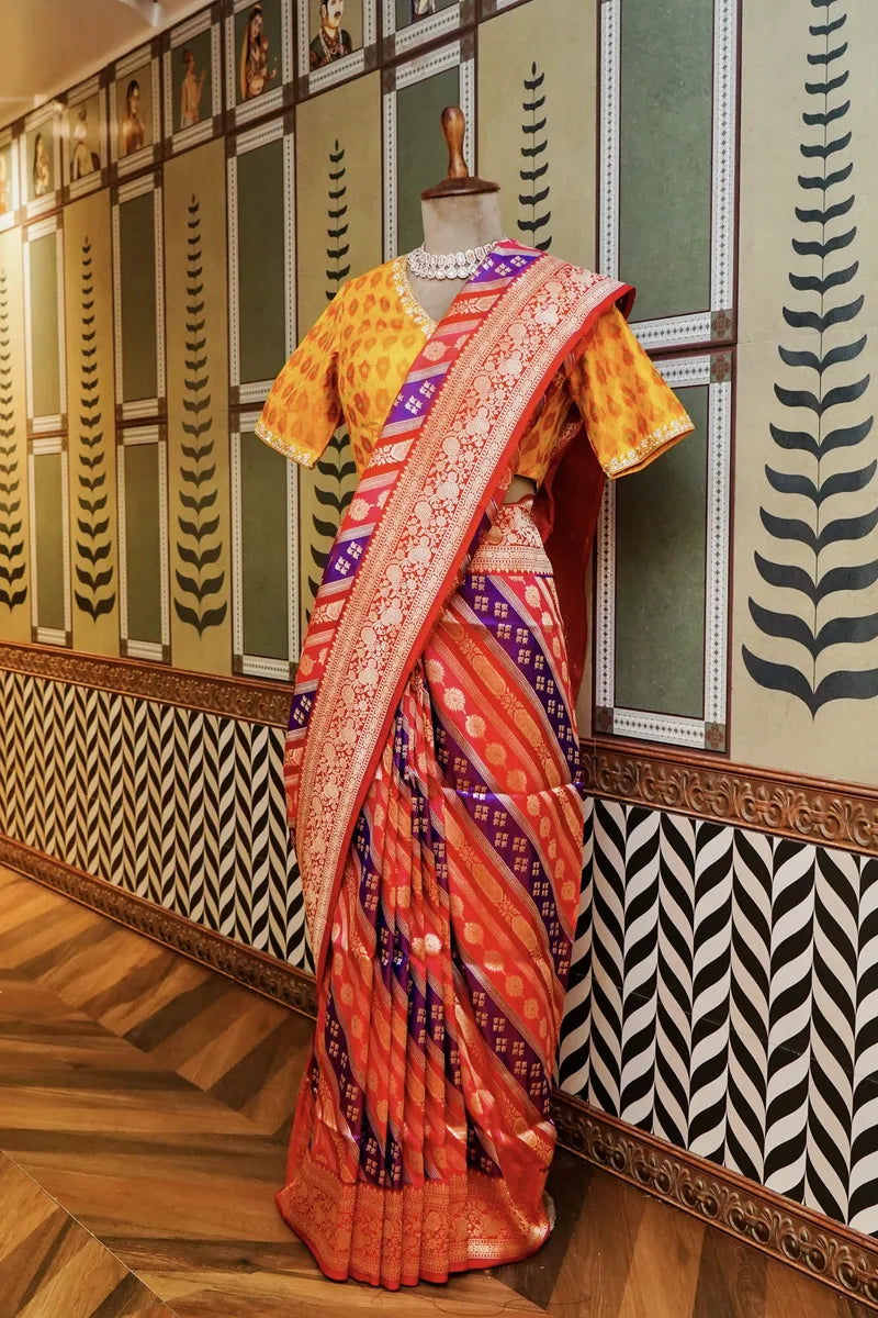 PURE BANARASI MULTI PINK WITH RED SINGLE KATAN SILK SAREE