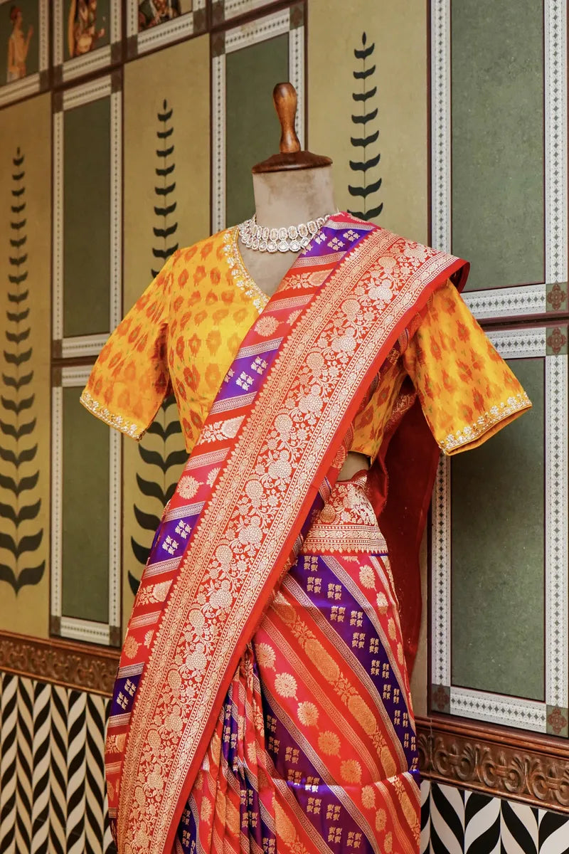 PURE BANARASI MULTI PINK WITH RED SINGLE KATAN SILK SAREE