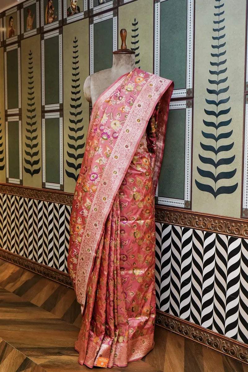 PURE BANARASI GAJARI PINK SINGLE KATAN SILK SAREE