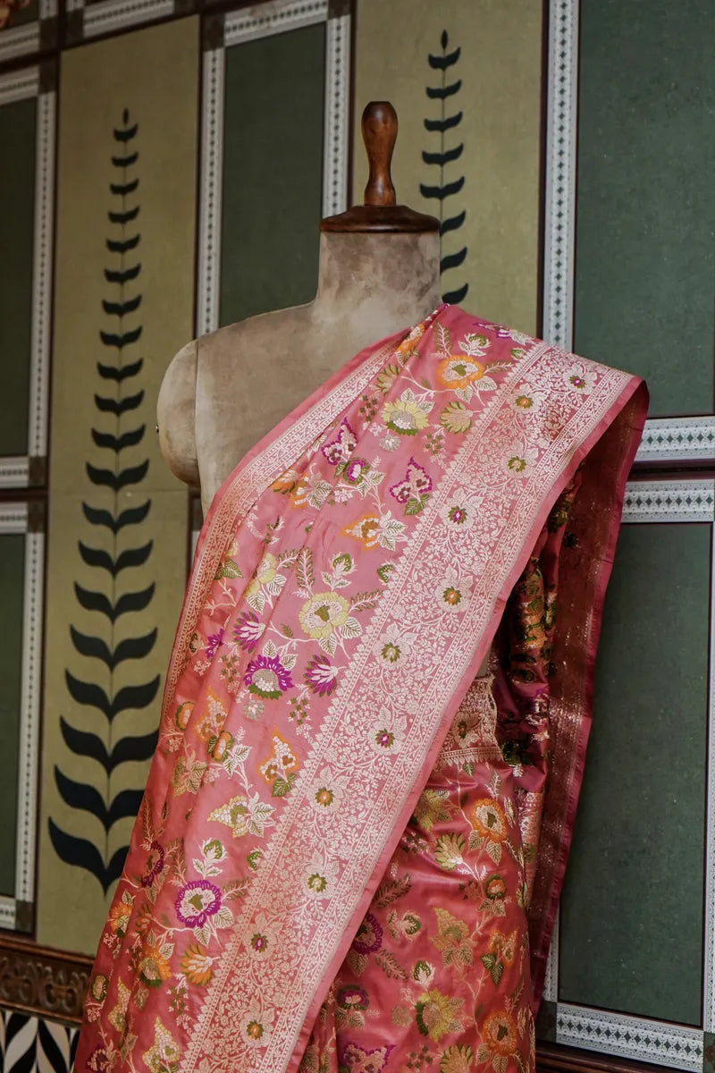 PURE BANARASI GAJARI PINK SINGLE KATAN SILK SAREE