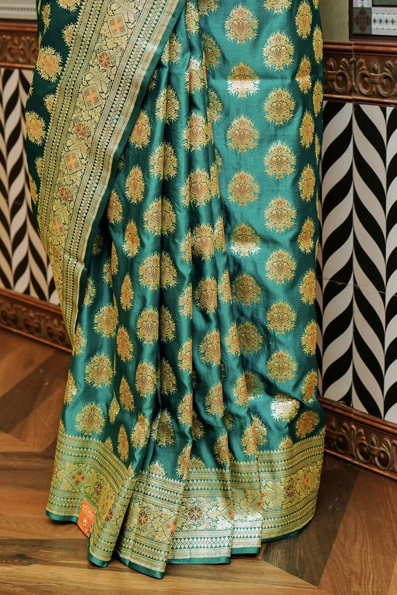 PURE BANARASI RAMA GREEN COLOR DOUBLE KATAN SILK SAREE