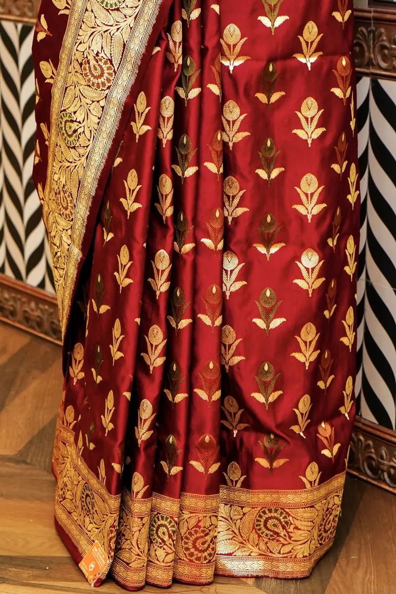 PURE BANARASI MAROON COLOR DOUBLE KATAN SILK SAREE