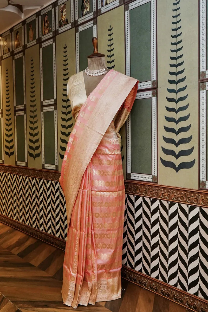 PURE BANARASI PEACH SINGLE KATAN SILK SAREE