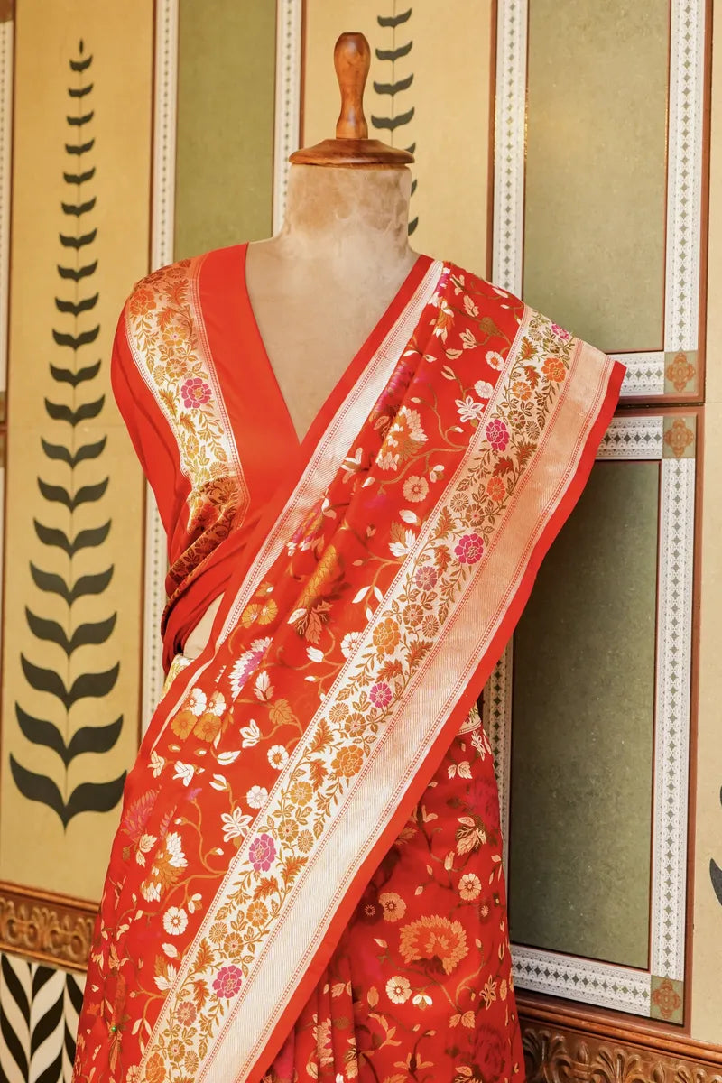 PURE BANARASI RED SINGLE KATAN SILK SAREE