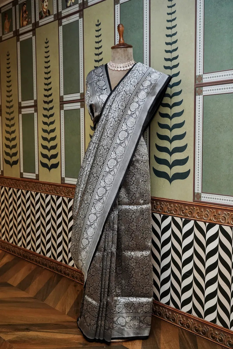 PURE BANARASI BLACK SINGLE KATAN SILK SAREE