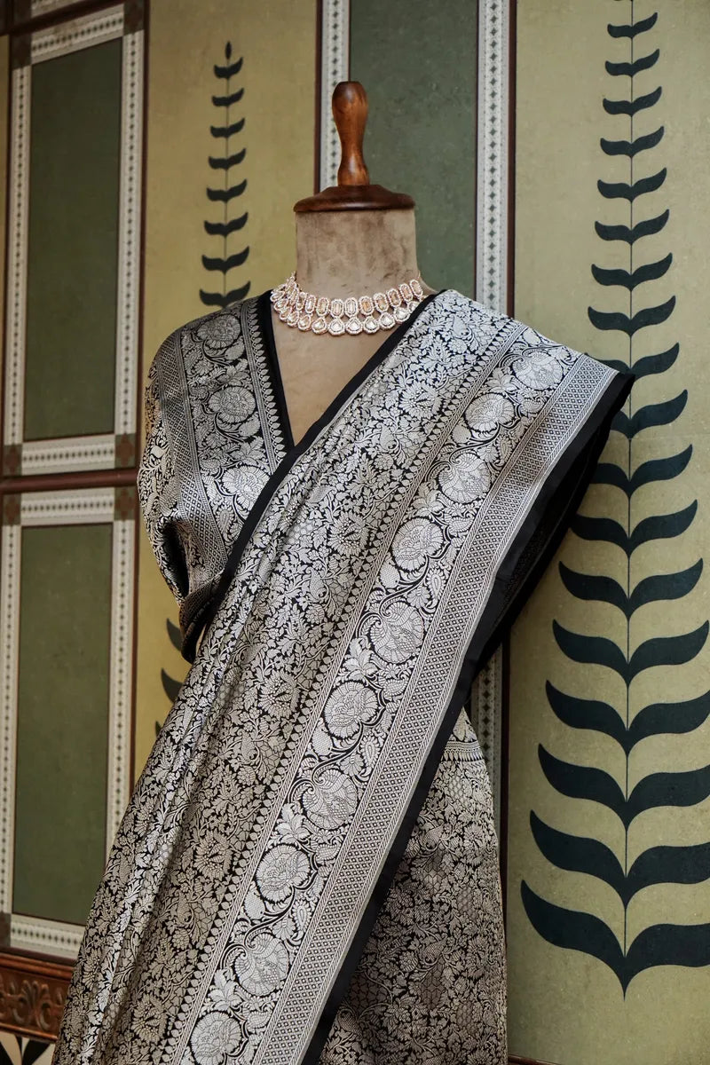PURE BANARASI BLACK SINGLE KATAN SILK SAREE