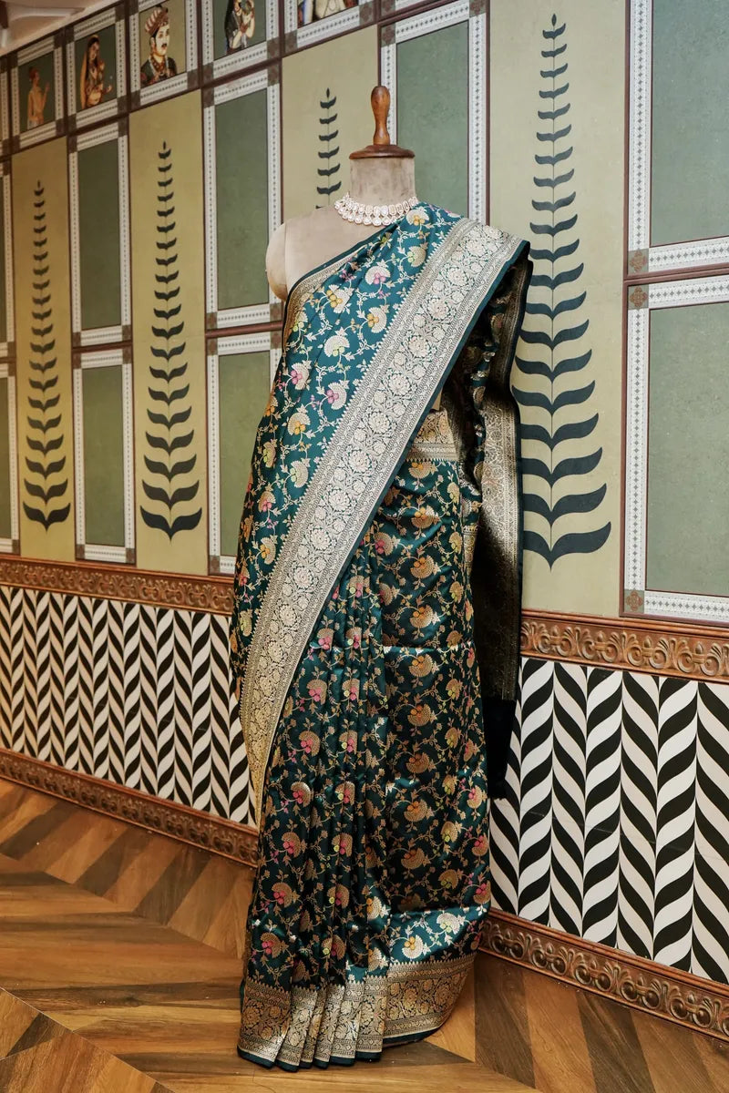 PURE BANARASI RAMA GREEN SINGLE KATAN SILK SAREE