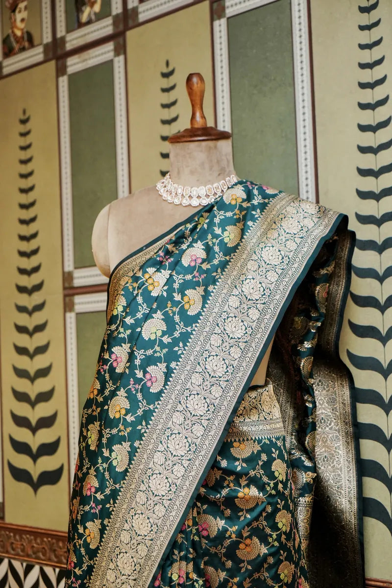 PURE BANARASI RAMA GREEN SINGLE KATAN SILK SAREE
